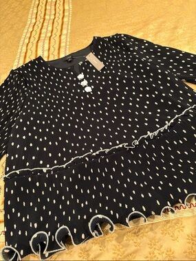 NWT J. Crew Black Blouse with White Dot & Rosette Buttons, Ruffled, Polyester, L